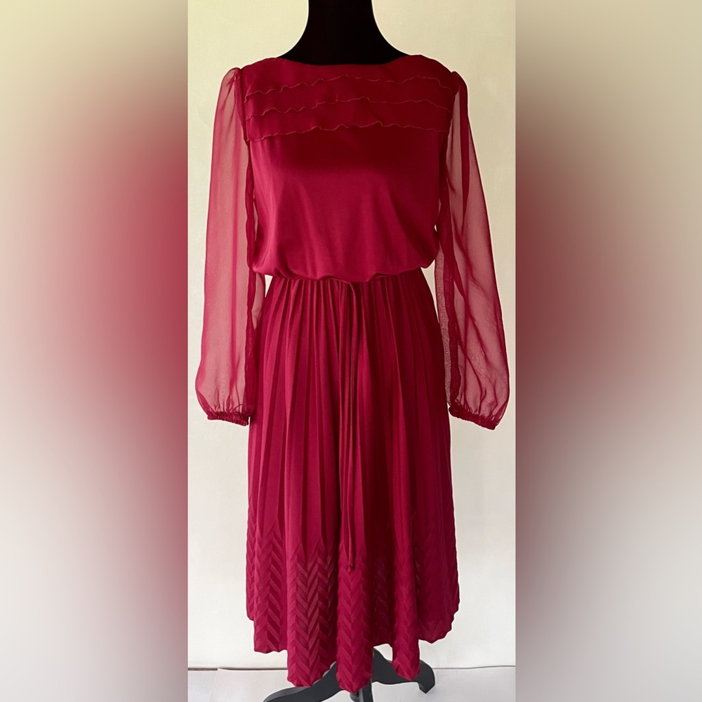VTG 70s MS CLASSIC Crimson Red Long Sleeve Elastic Waist Midi Dress 42” L Sz 10